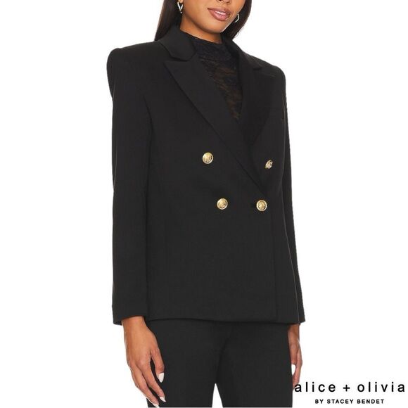 Alice + Olivia **NWT** Anthony Double-Breasted Strong-Shoulder Blazer Black/Gold - Picture 13 of 14
